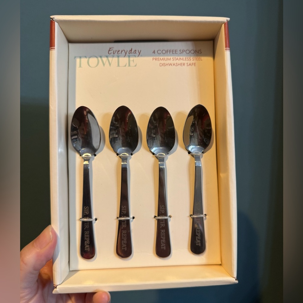 Towle Stainless Steel set of 4 “Sip, Stir, Repeat” cafe coffee spoons New in Box